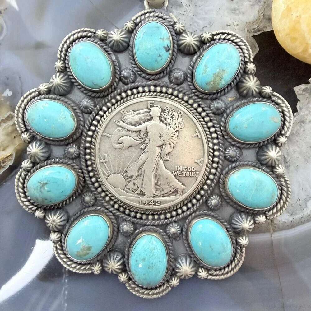 Genuine 1942 90% Silver Walking Liberty Half Dollar Coin w/Turquoise Uni Pendant - Picture 6 of 11